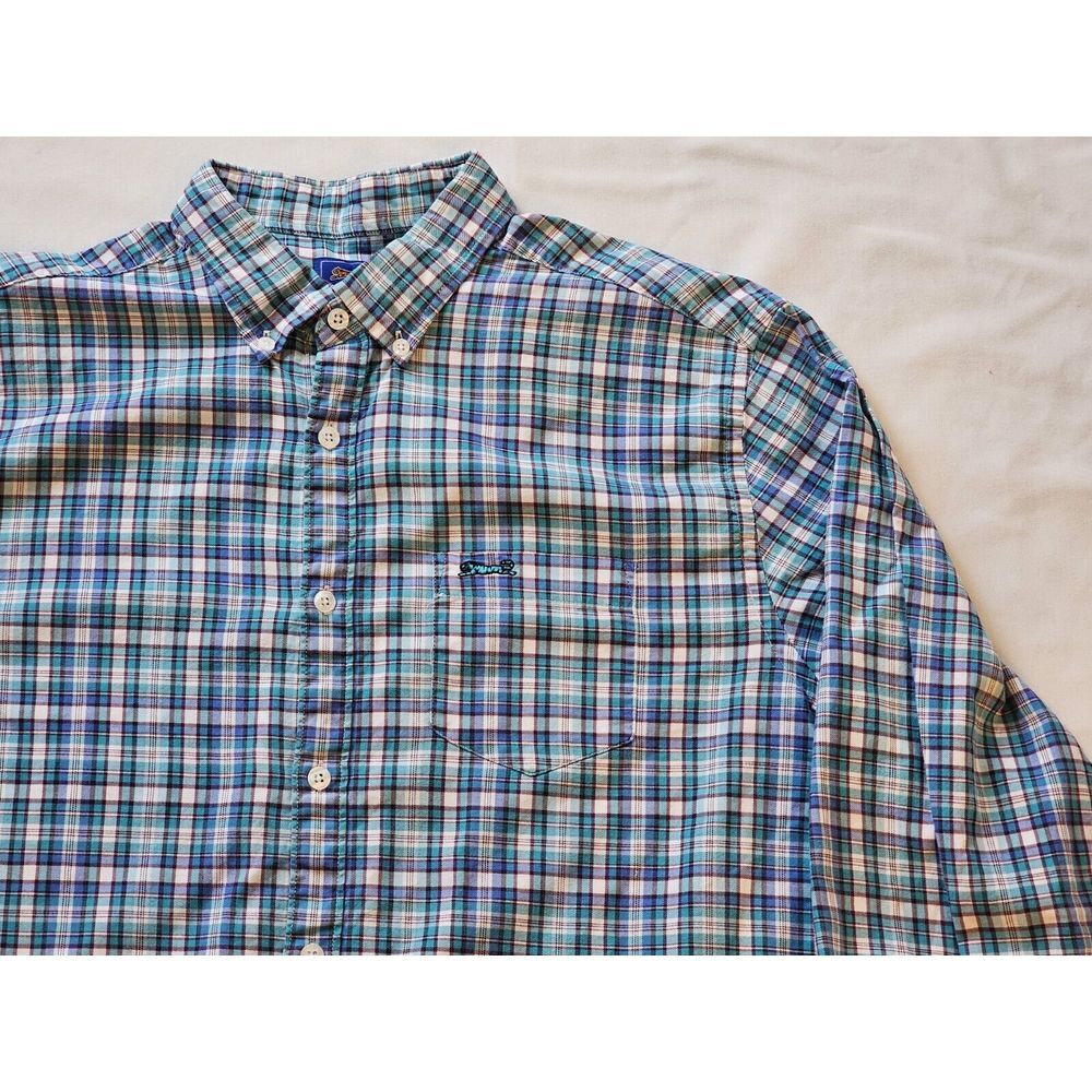 LE TIGRE COTTON‎ CASUAL SHIRT teal Blue white plaid men's size L long sleeve